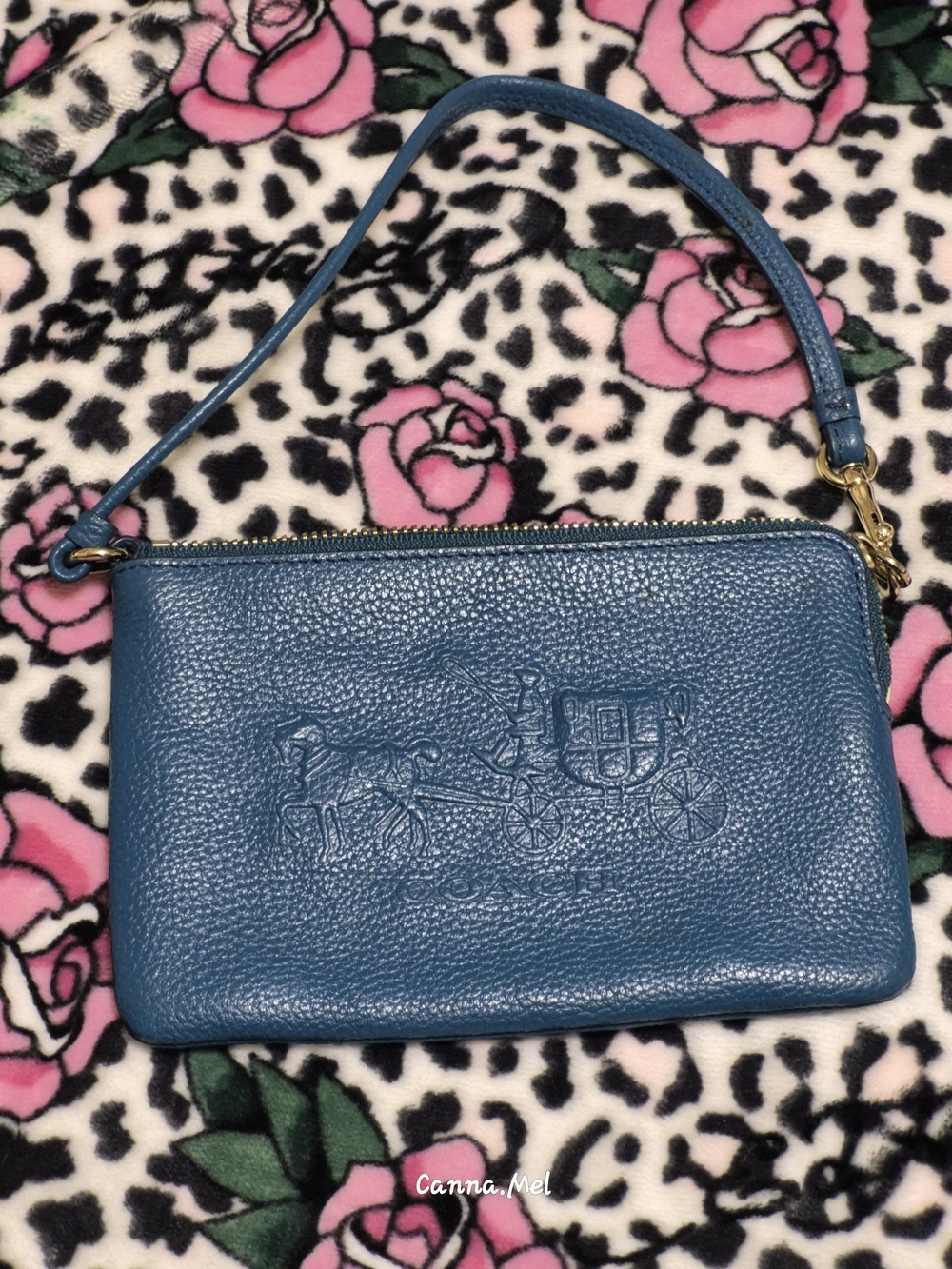 Coach Teal Pebbled Leather Wristlet with Embossed Carriage Logo
